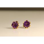 An Attractive Pair of Amethyst  and 18 ct Yellow Gold  single stone Ear Studs, circa 1950, each