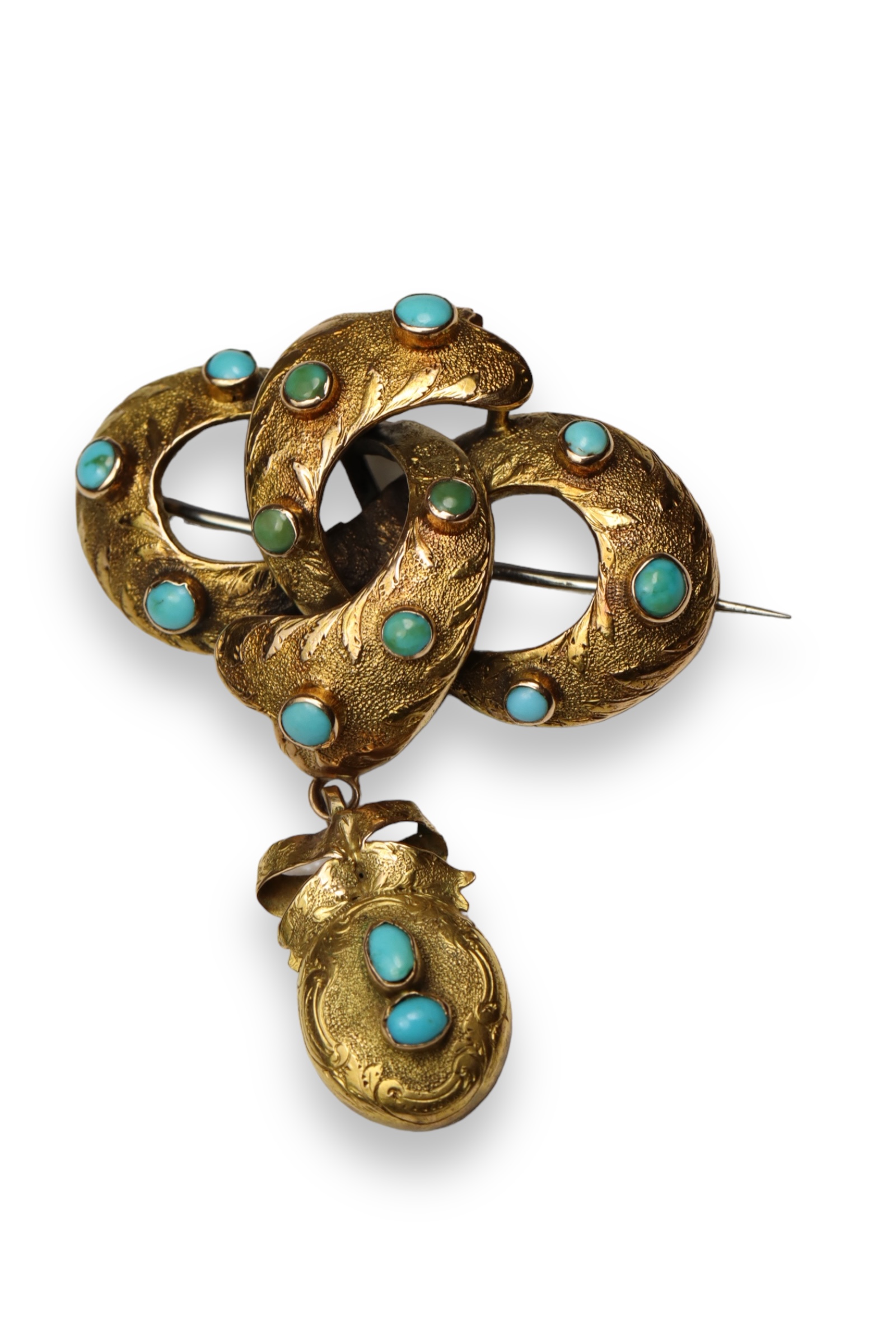 A Victorian 15 ct  Gold and Turquoise set Brooch, Of lovers knot design with a detachable oval