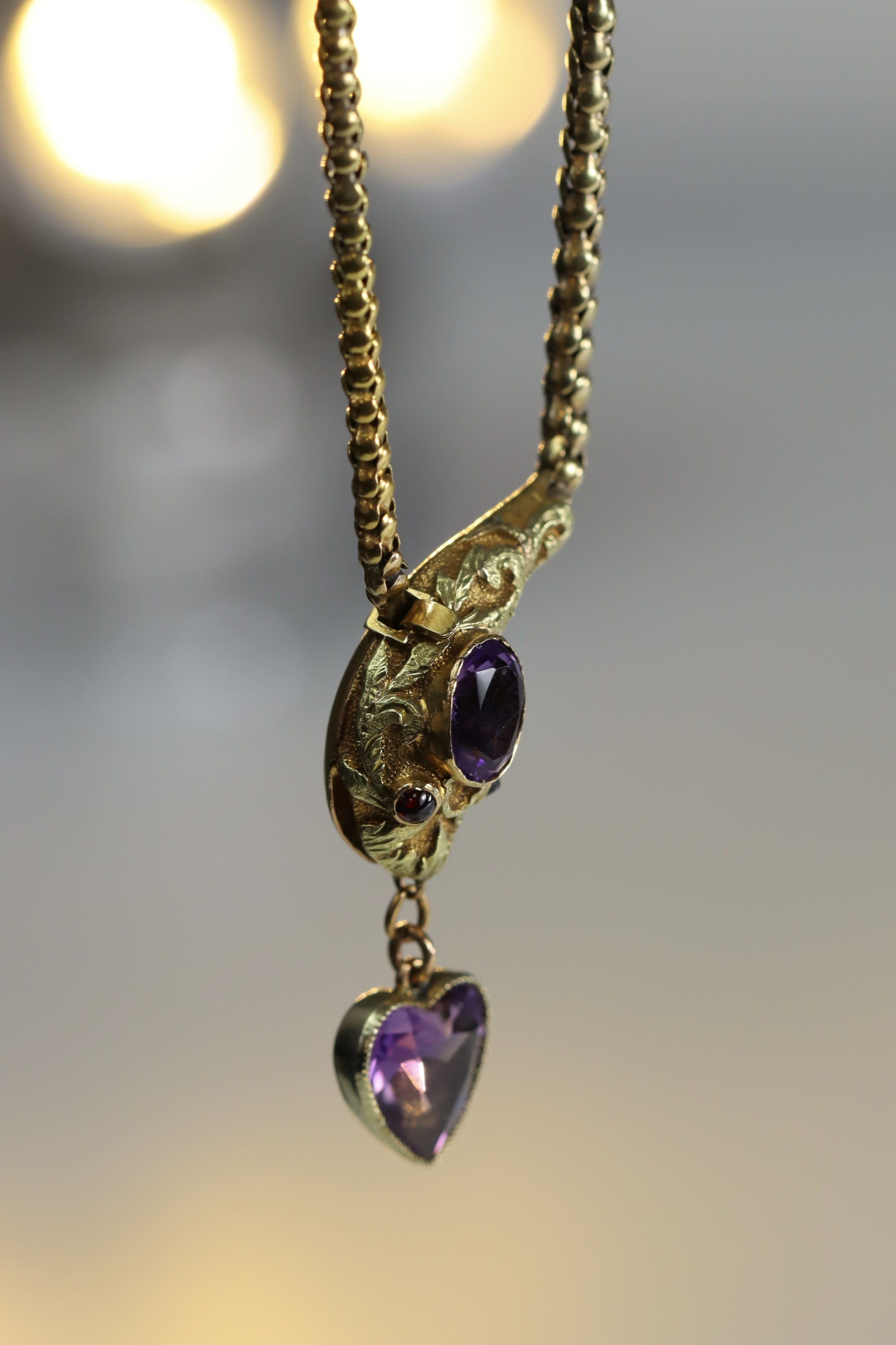 An Antique Gold and Amethyst Snake Necklace, circa1860,the head set with an oval shaped millgrain - Image 9 of 13