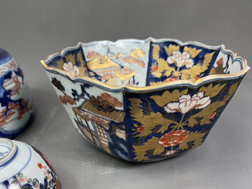 Five Japanese Imari Wares,c.1700the attractive group comprising a tureen, a deep faceted bowl, a - Image 8 of 12