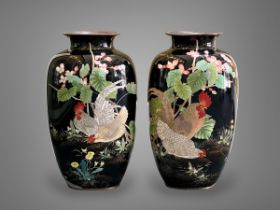 An Imposing Pair of Japanese Cloisonne Vases, Meiji periodeach of tall flattened ovoid form, finely