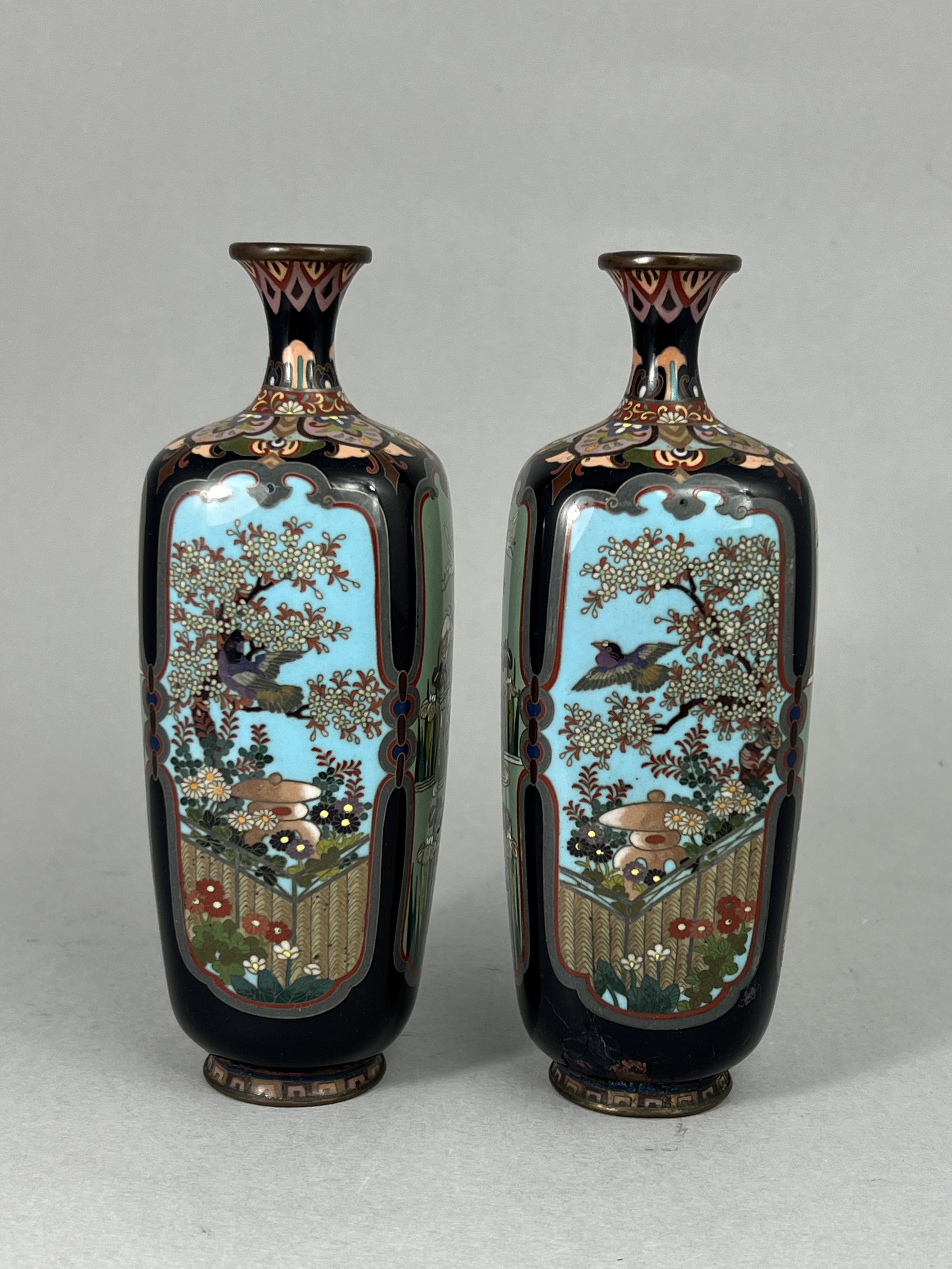 Four Japanese Cloisonne Vases, Meiji/Taisho periodscomprising a pair with panels of birds, a bottle - Image 9 of 12