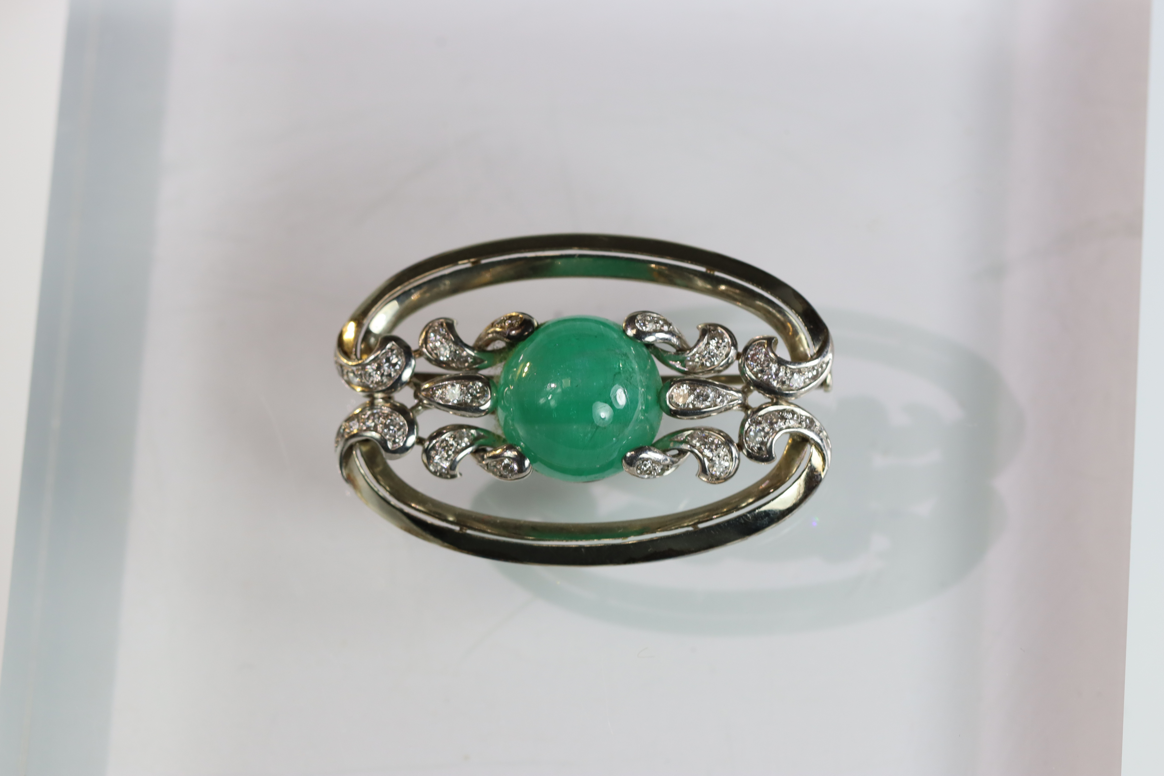 An Impressive 1940s Cabochon Emerald Diamond Brooch, set to the centre with a circular cabochon - Image 2 of 12