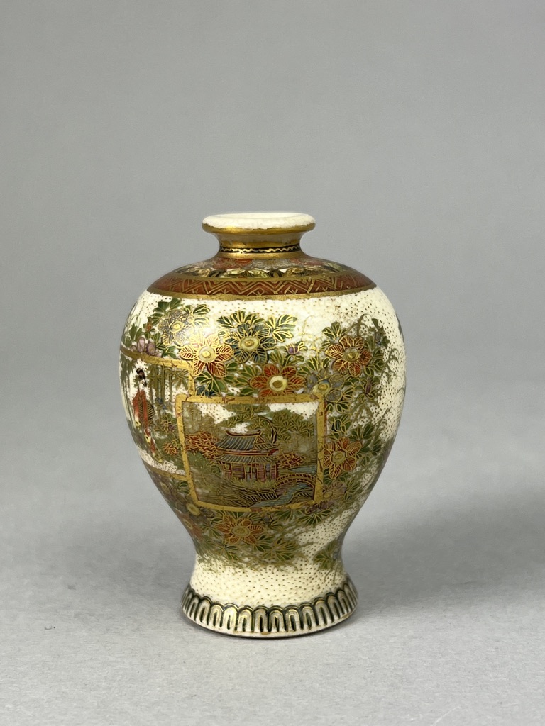 A Japanese Satsuma miniature Meiping, Meiji periodfinely enamelled and gilded, with reserves of - Image 2 of 6