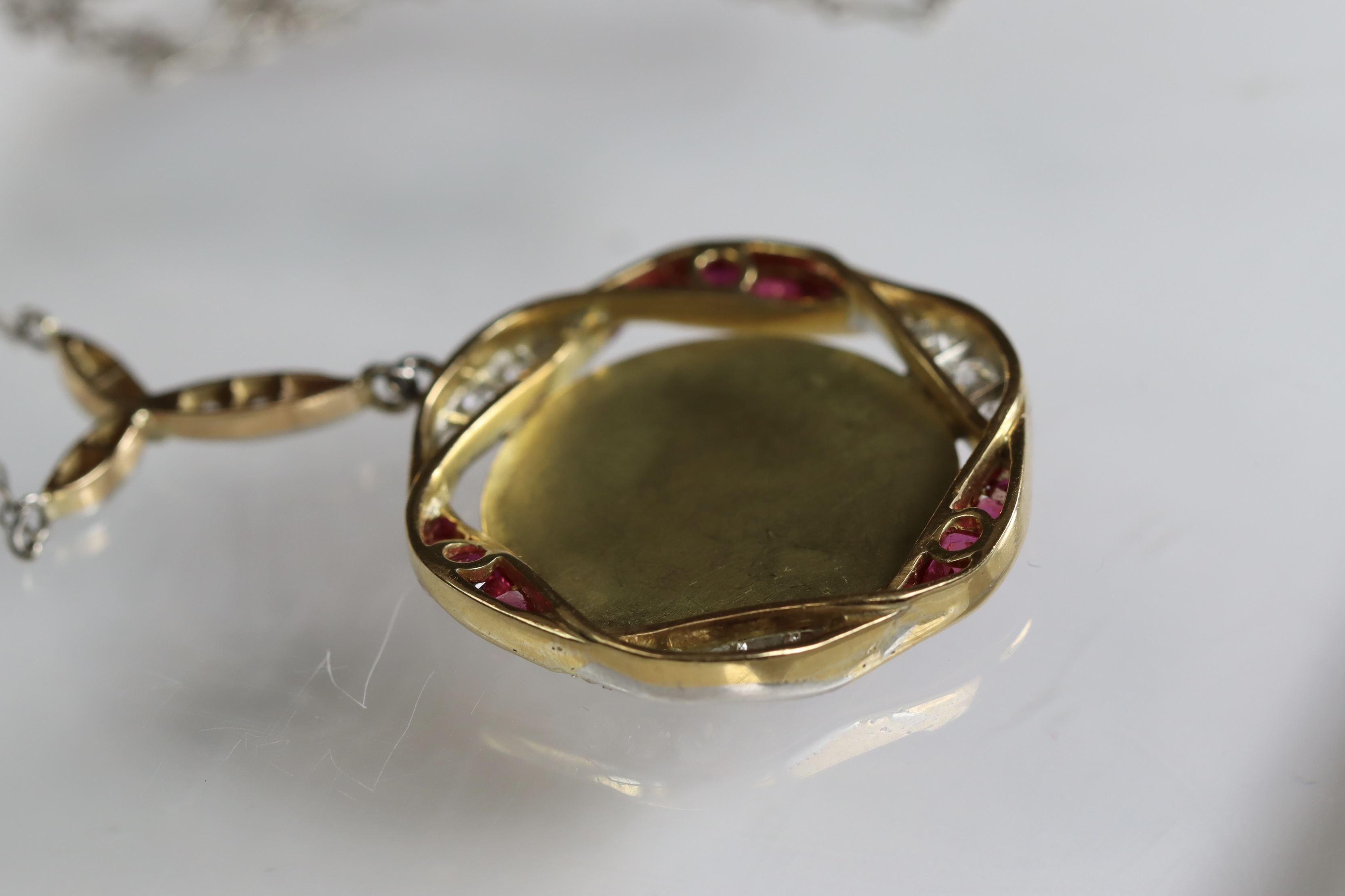 A Pretty Antique Enamel, 18 ct Gold, Ruby and Diamond Pendant,circa1890 the enamel portrait of a - Image 6 of 7