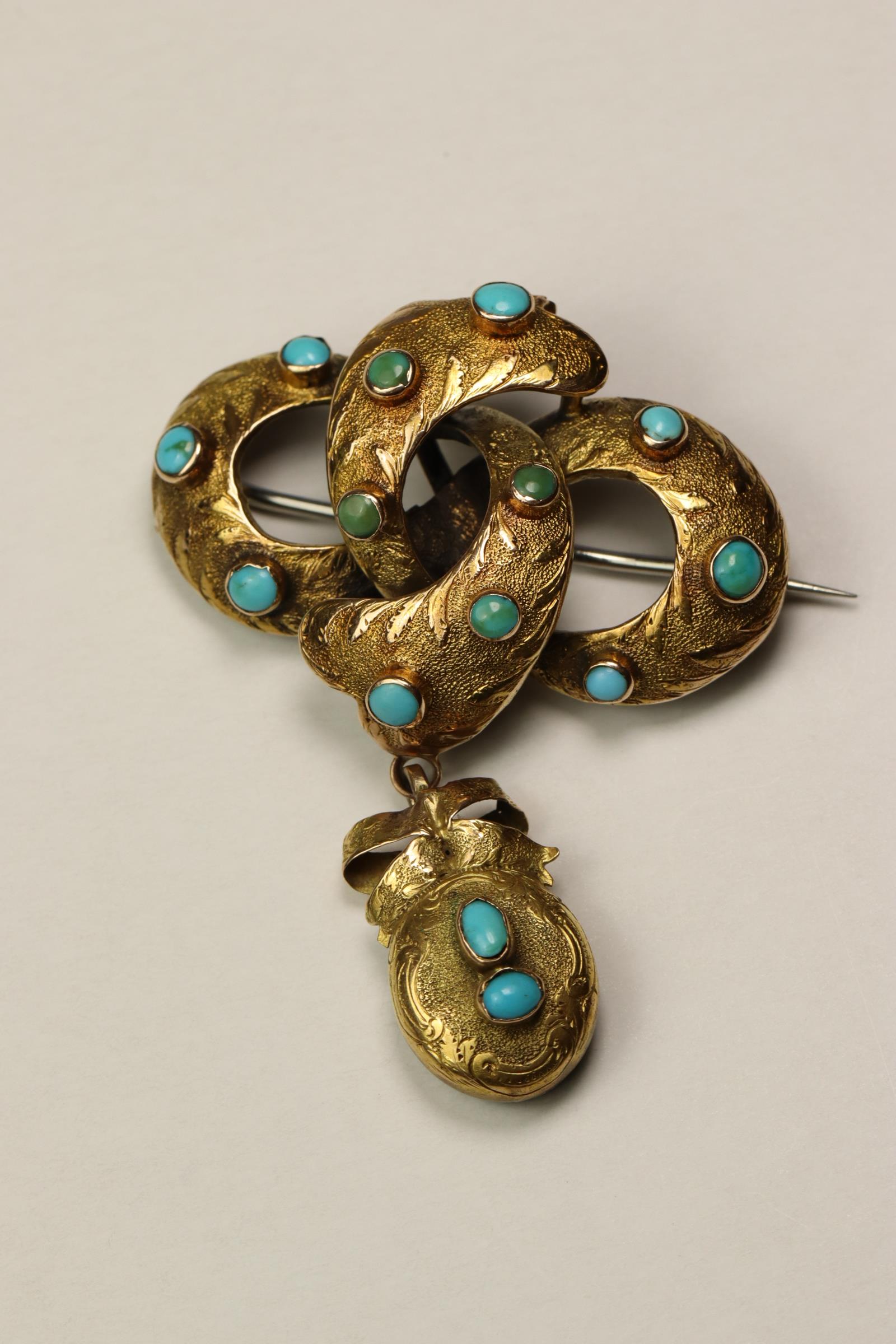 A Victorian 15 ct  Gold and Turquoise set Brooch, Of lovers knot design with a detachable oval - Image 4 of 7