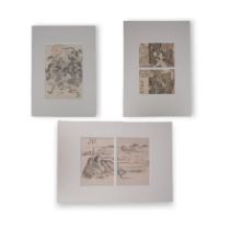 Three Woodblock Prints; Hokusai and Eisen, Japan, 18th/19th Century.A group of Japanese Woodblock