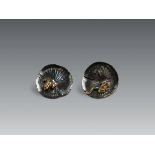 A Striking Pair of Japanese 18 k Yellow Gold and oxidised Silver Lilypad Earrings, approx.15.29g.