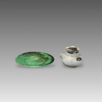 A Greenglazed Pottery Dish and a Ewer and Cover, possibly MingA Greenglazed Pottery Dish and a