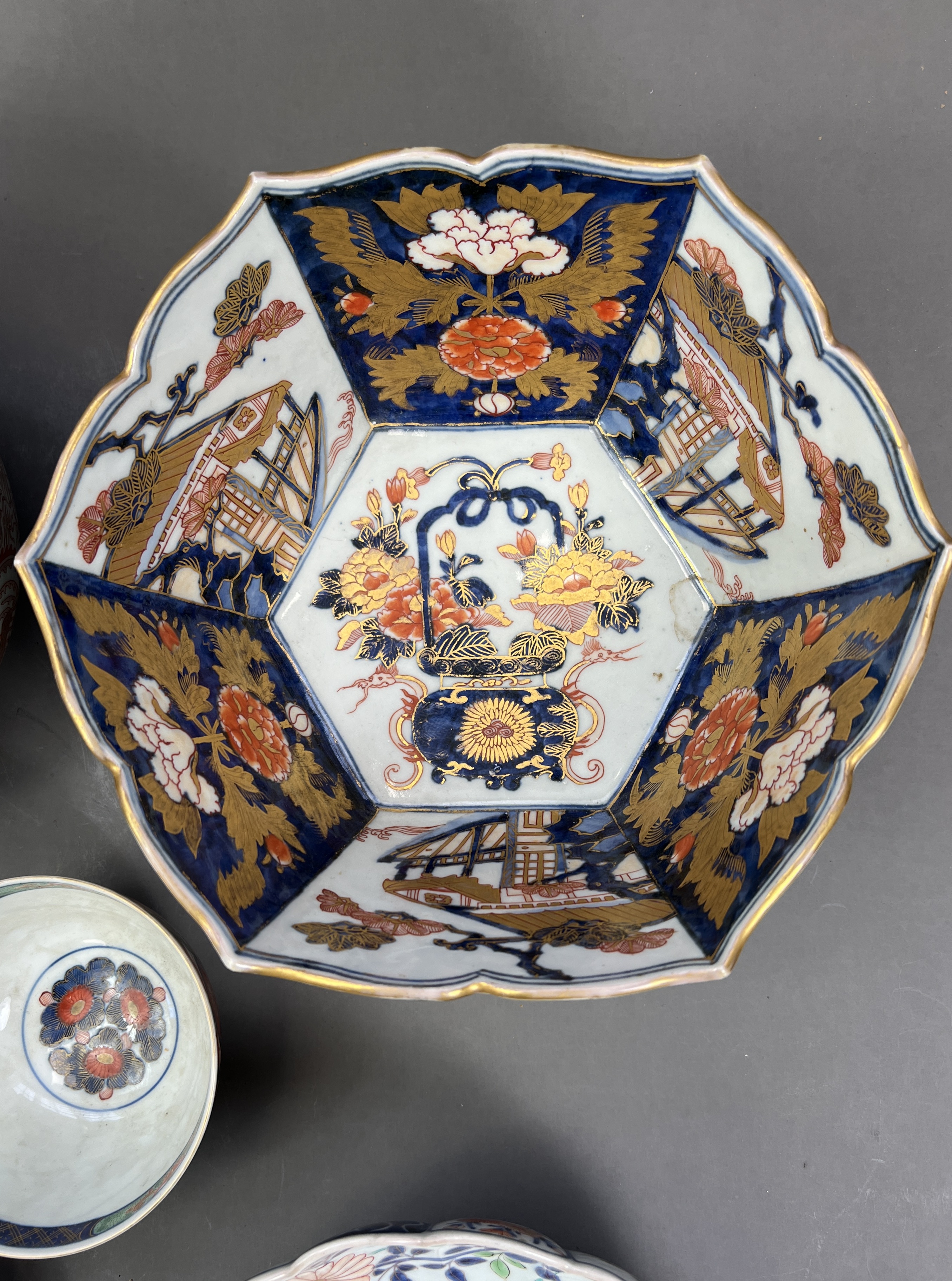 Five Japanese Imari Wares,c.1700the attractive group comprising a tureen, a deep faceted bowl, a - Image 9 of 12