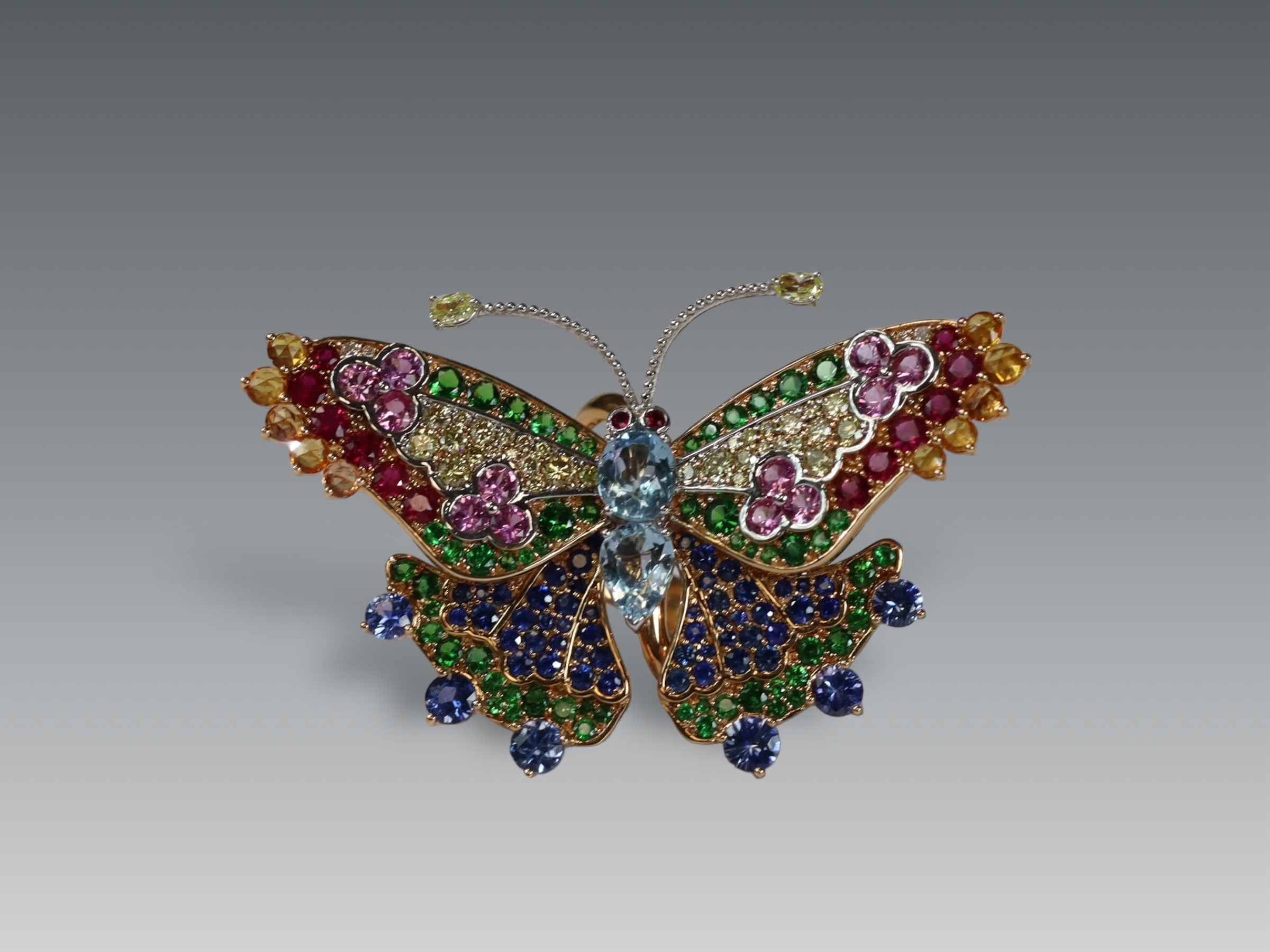 A Very Attractive Sapphire, Ruby, Diamond and Gem set Butterfly Dress Ring,realistically made with