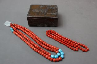 Two Coral Bead Necklaces, 19th century,