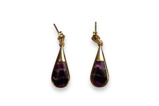 A Pair of Drop shaped 9 carat Gold and Enamel Pendant Earrings,The drop enamelled in the style of