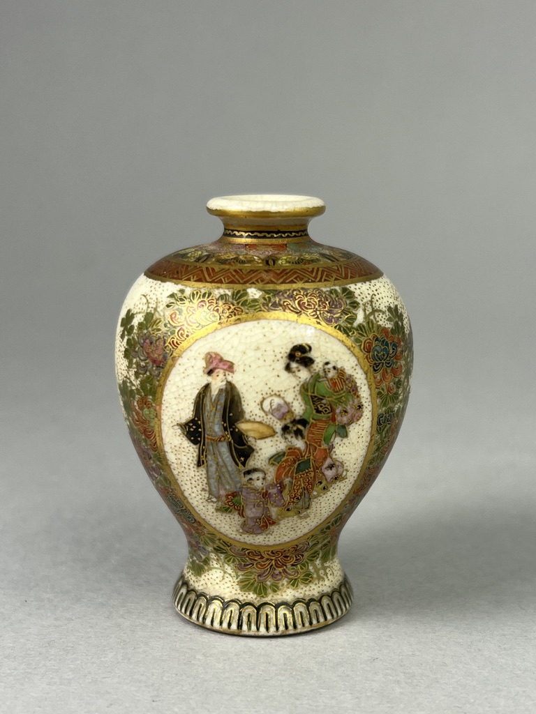 A Japanese Satsuma miniature Meiping, Meiji periodfinely enamelled and gilded, with reserves of - Image 3 of 6