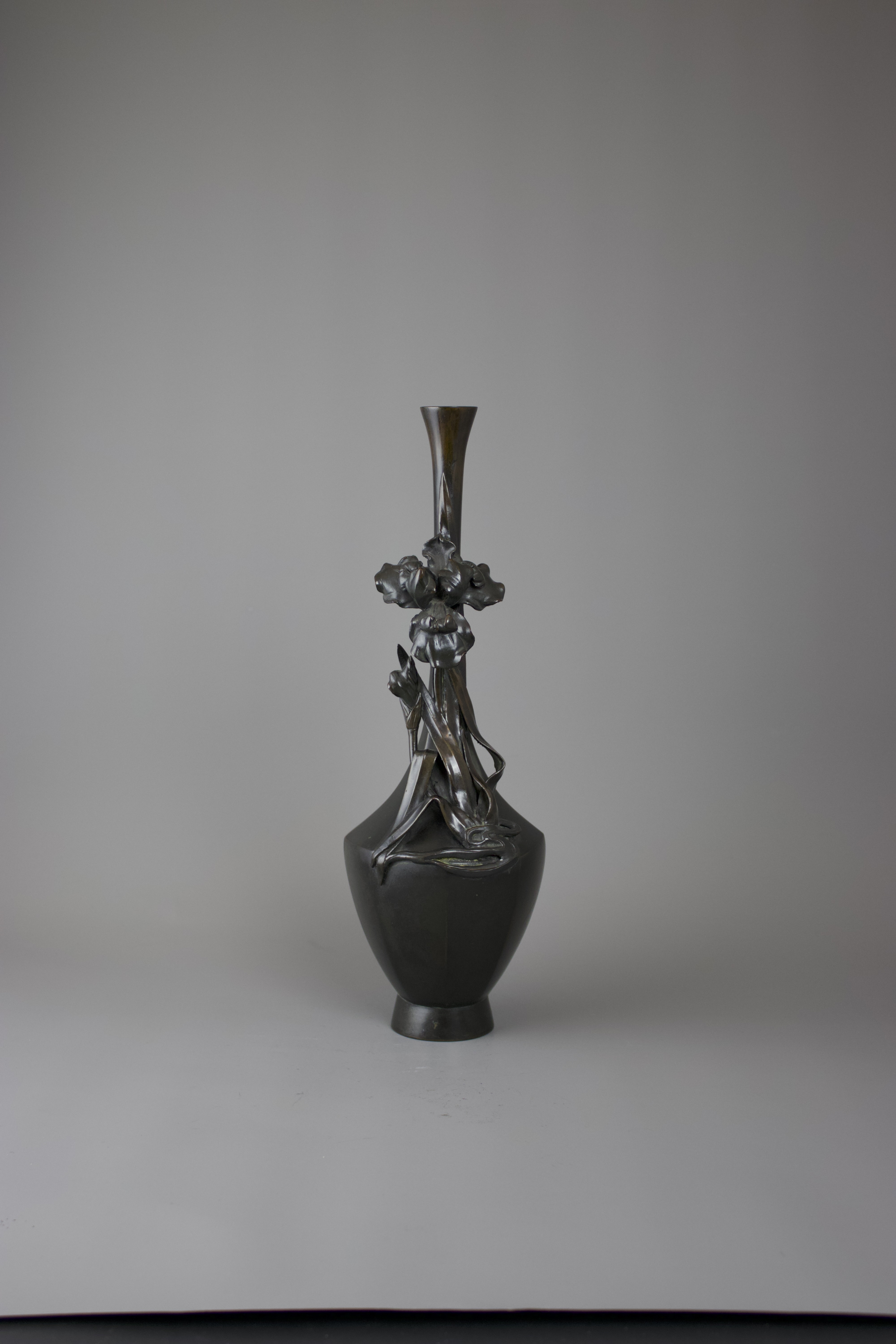 A Japanese Bronze Iris Vase, Meiji periodthe elegant tall bottle vase of hexagonal section with - Image 2 of 7