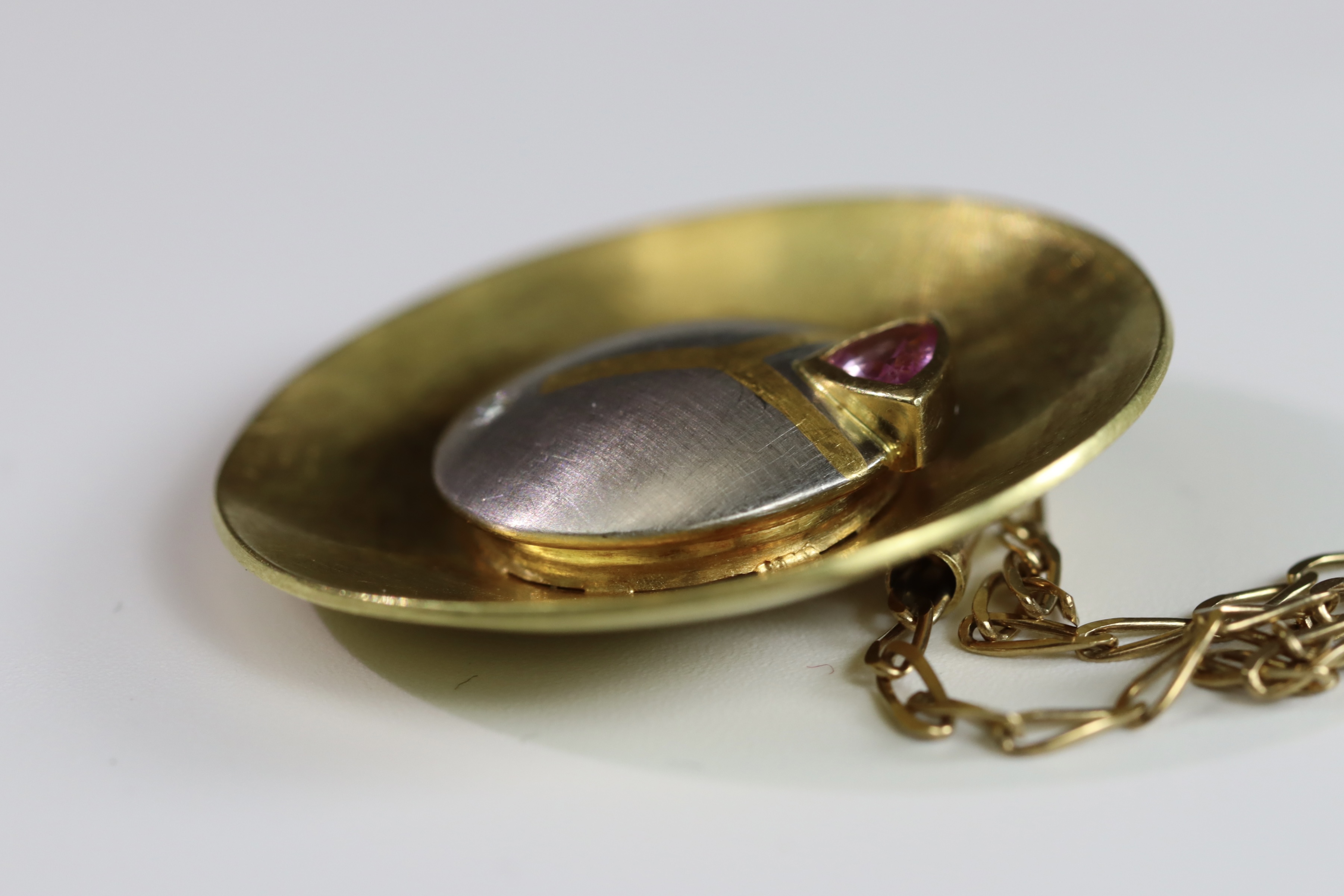 An Unusual Gold, Platinum, Diamond and Ruby Disc Pendant, on a long chain, chain set in 9 ct gold, - Image 10 of 10