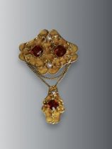 An attractive Antique Hessonite Garnet 18 ct Gold and Pearl Pendant Brooch, circa 1860, the top of