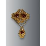 An attractive Antique Hessonite Garnet 18 ct Gold and Pearl Pendant Brooch, circa 1860, the top of