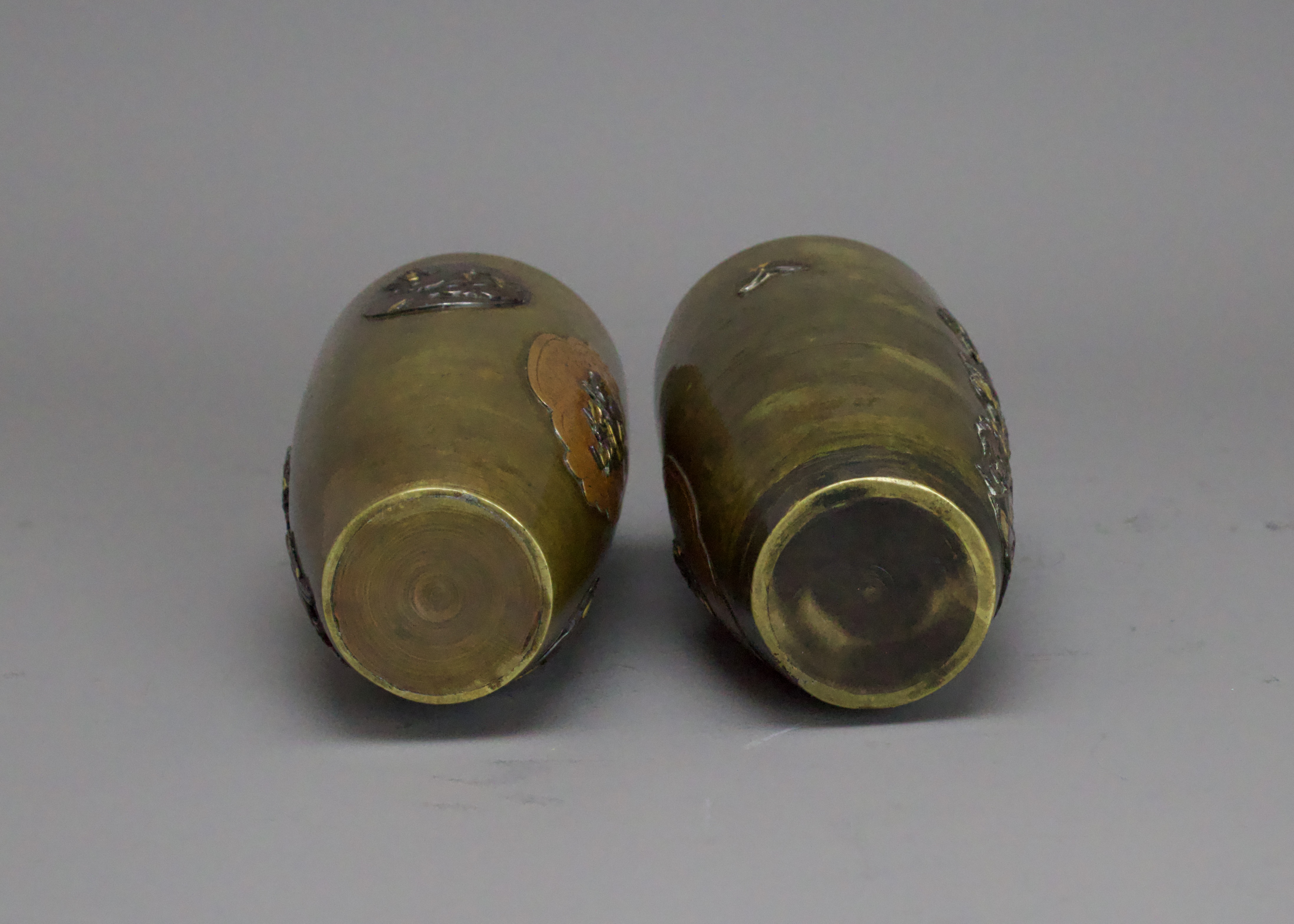 A small Pair of Japanese mixed metal Vases, Meiji periodthe sides decorated in low relief in gilt, - Image 7 of 14