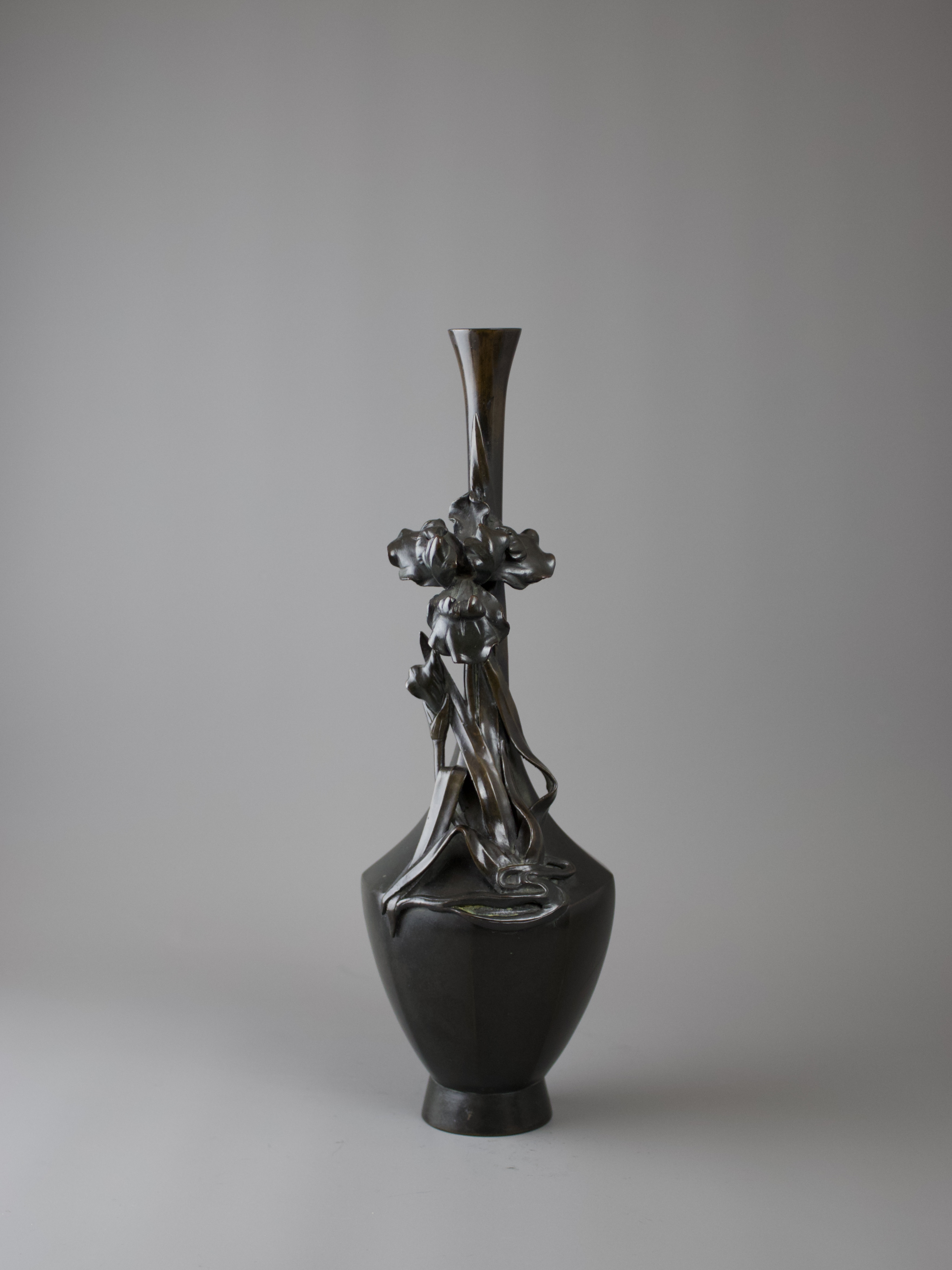 A Japanese Bronze Iris Vase, Meiji periodthe elegant tall bottle vase of hexagonal section with - Image 3 of 7