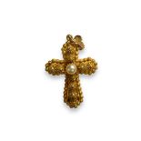 A 18 ct Yellow Gold and Pearl Cross Pendant, With cannetille gold work decoration 5.88g, 40.9mm