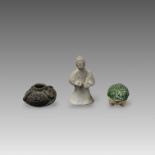 A Miniature Pottery Figure, Han dynasty, together with a Sawankhalok stoneware toad waterdropper,