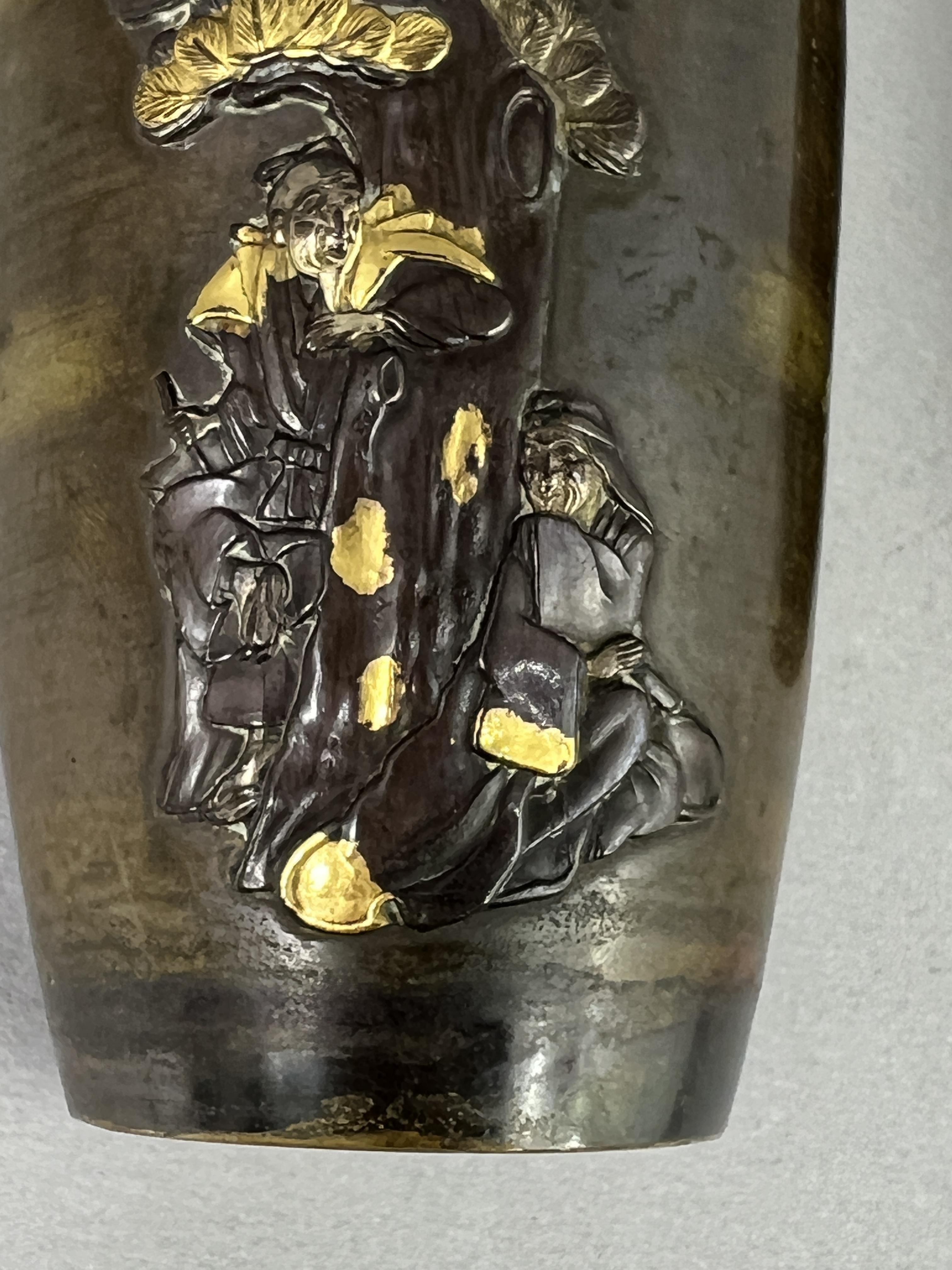 A small Pair of Japanese mixed metal Vases, Meiji periodthe sides decorated in low relief in gilt, - Image 9 of 14