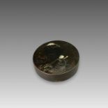 A circular Japanese inlaid Iron Box and Cover, Meiji periodthe slightly domed cover moulded in low