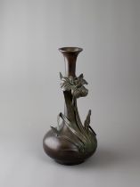 A Japanese Bronze Iris Vase, Meiji/Taisho periodwith globular body and slender neck, applied to