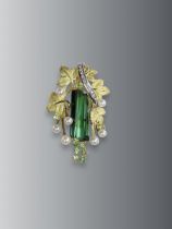 A Striking Green , Tourmaline, Diamond, cultured Pearl and Peridot Pendant, the fine deep green