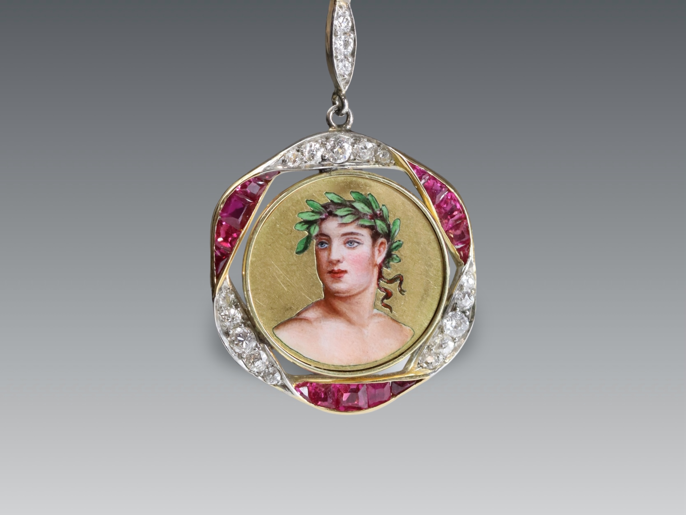 A Pretty Antique Enamel, 18 ct Gold, Ruby and Diamond Pendant,circa1890 the enamel portrait of a