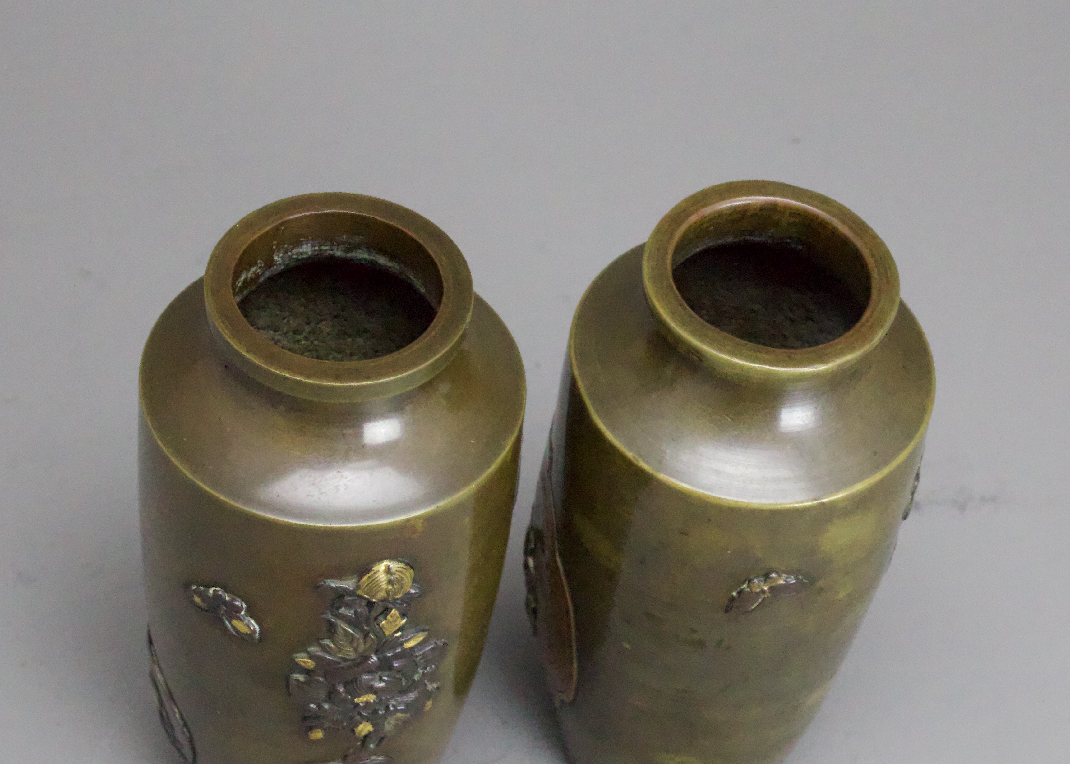 A small Pair of Japanese mixed metal Vases, Meiji periodthe sides decorated in low relief in gilt, - Image 6 of 14