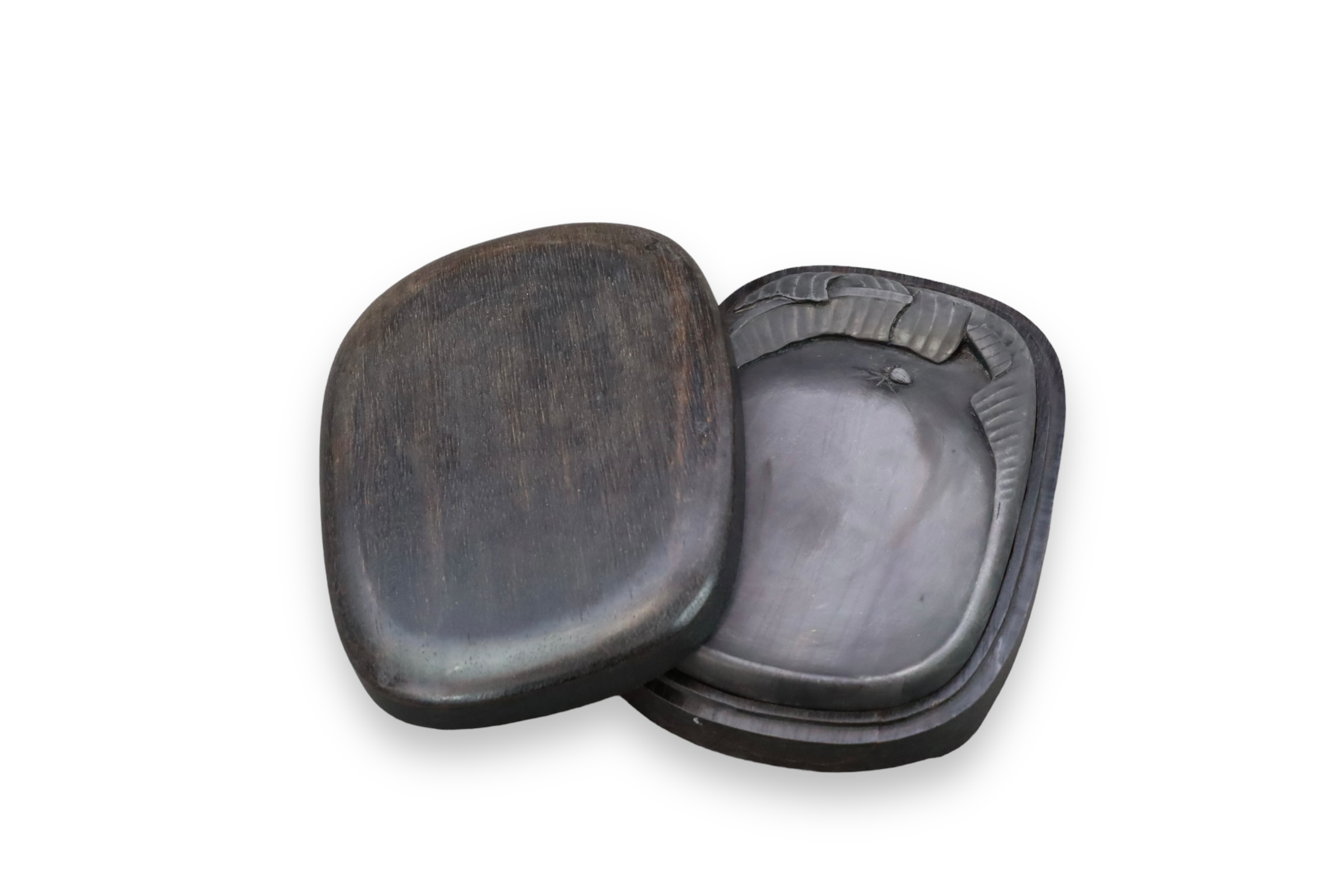 A Carved Oval Ink Stone with Hardwood Box, Qing dynasty