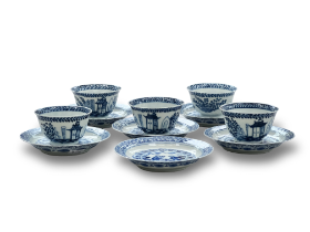 Five blue and white cups and saucers, 18th/19th century, and another saucer