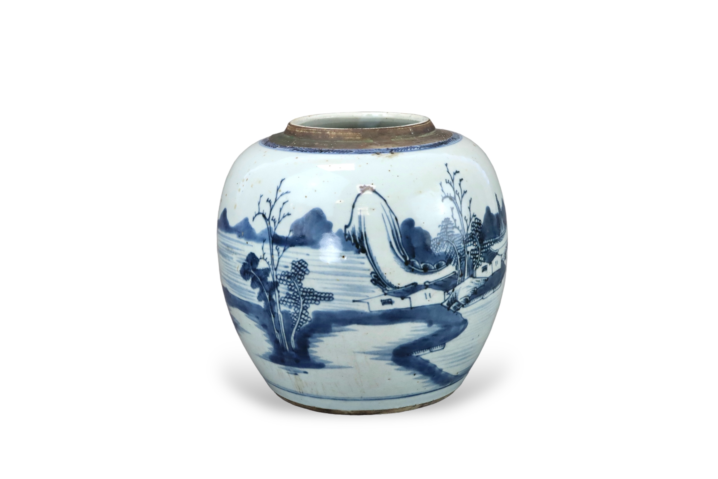 A Blue and White Landscape Ginger Jar, mid Qing,