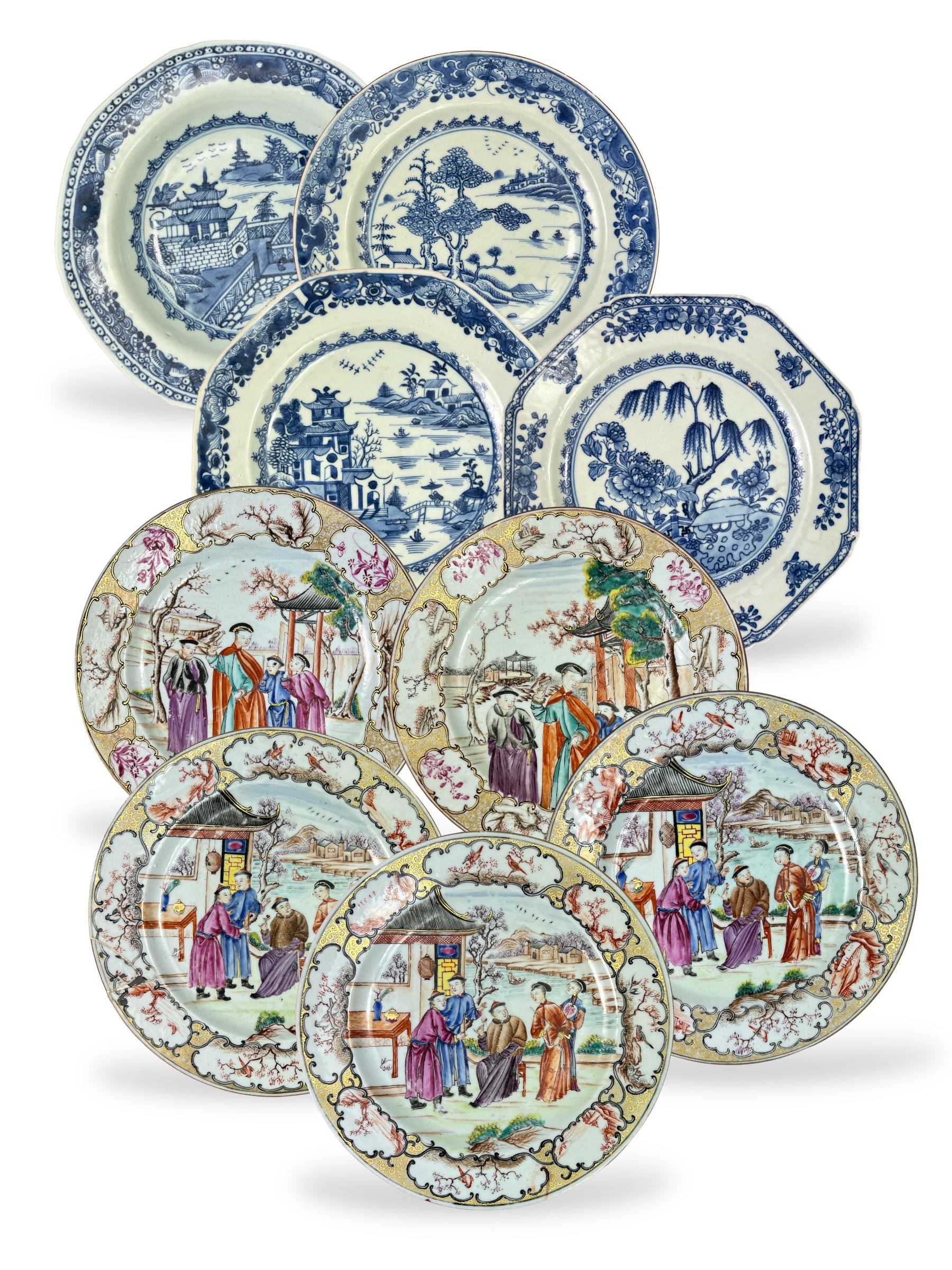 A Set of 9  Blue and White and 'famille rose' Plates, Qianlong