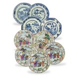 A Set of 9  Blue and White and 'famille rose' Plates, Qianlong