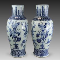 A Large Pair of Blue and White 'Hundred Antiques' Vases, 19th century,