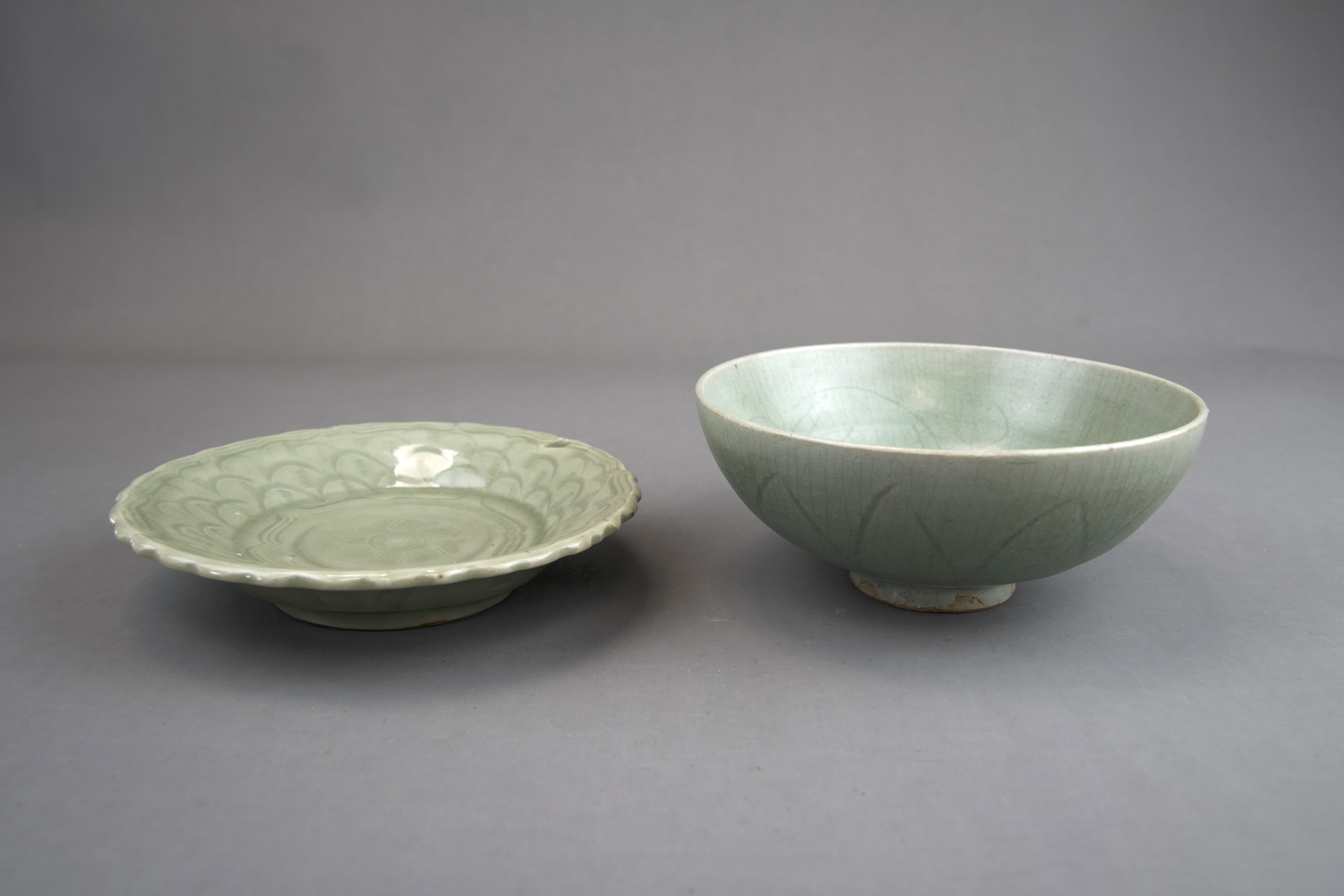A Carved Celadon Dish and Bowl, Song dynasty and later - Image 6 of 7