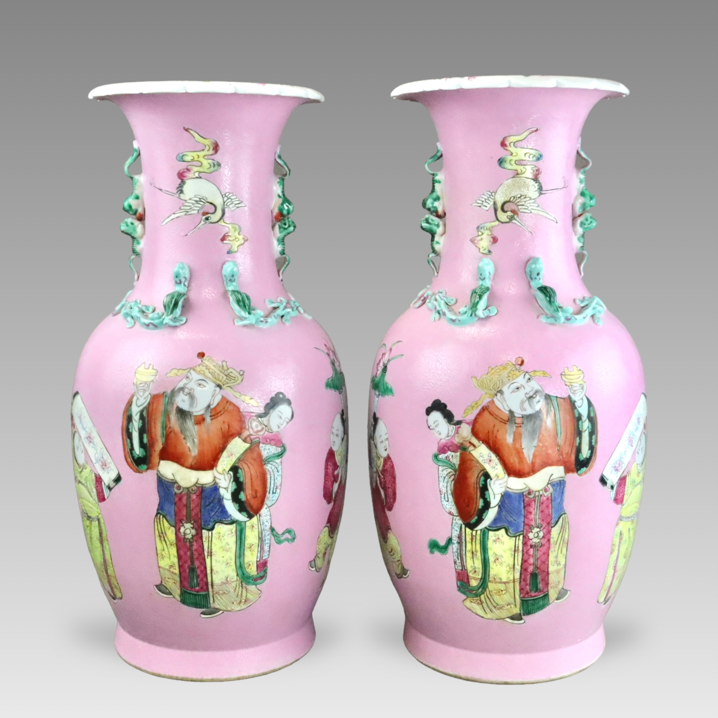 A Good Pair of Pink ground Vases with Immortals, 19th century,