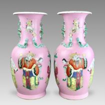 A Good Pair of Pink ground Vases with Immortals, 19th century,