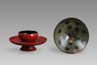 A Jizhou Papercut Prunus Conical Bowl and Lacquer Cupstand, Song dynasty