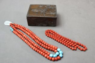 Two Coral Necklaces, with Japanese metal box,