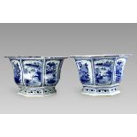 A Pair of Octagonal Blue and White Jardinieres, 18th century,