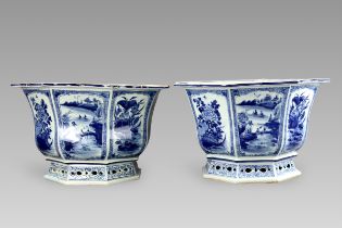 A Pair of Octagonal Blue and White Jardinieres, 18th century,