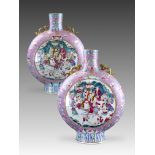 A Large Pair of 'famille rose' Warriors Moonflasks, 19th century