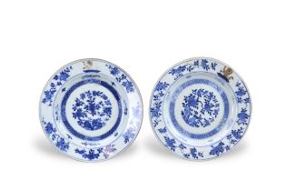 A Pair of Blue and White Armorial Floral Plates, Kangxi