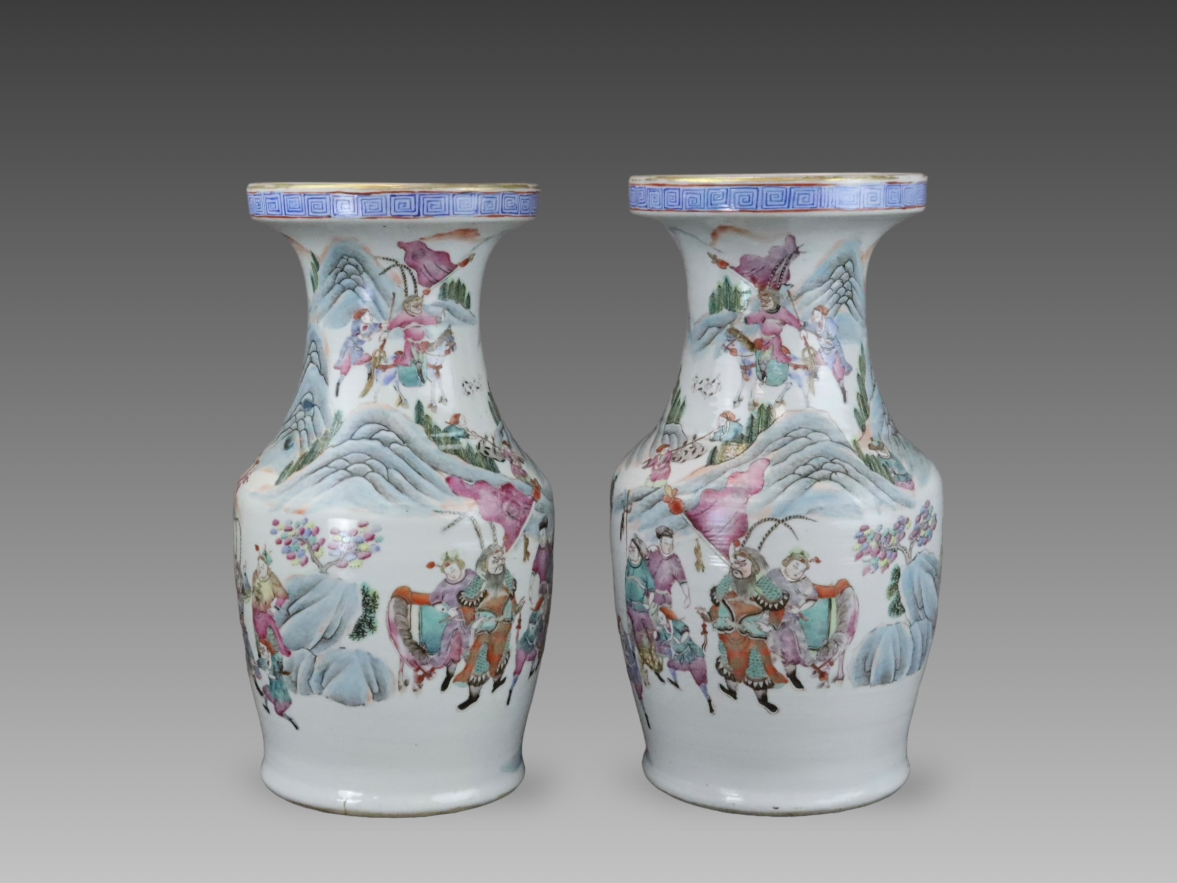 A Pair of 'famille rose' Warrior Vases, 19th century,