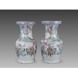 A Pair of 'famille rose' Warrior Vases, 19th century,