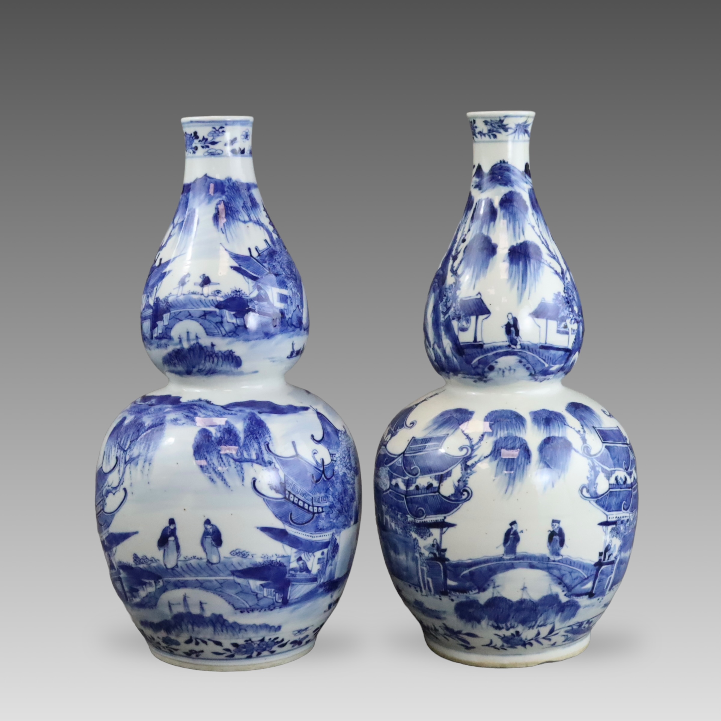 A Pair of Blue and White Double Gourd Vases, 19th century,